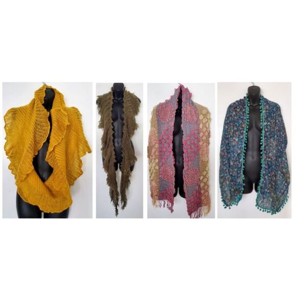 4 Boho Multi-Style Scarves Bundle: Ruffle, Fringe, Patchwork Bubble, Pom-Pom - Picture 1 of 4